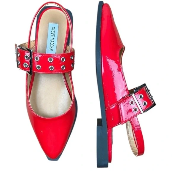 Steve Madden Red Studded Buckle Leather Y2K Slingback Flats Vintage Retro New - Picture 8 of 12
